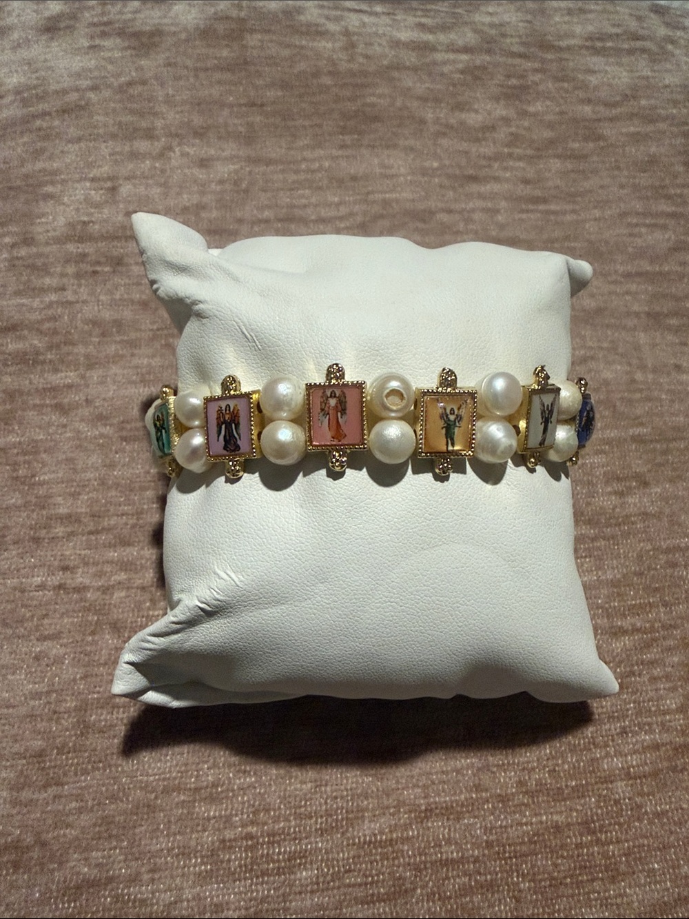 Gold-Tone Pearl Bracelet with Miniature Icon Panels the 7 archangels